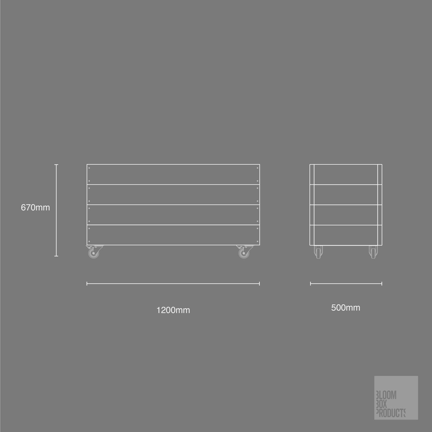 Image of our planter box sizes and dimensions including wheels. This is our most requested size and is perfectly suited to councils, cafes, residential houses, gardens, balconies and even rooftops. Large and Small planter boxes perfect for any situation.