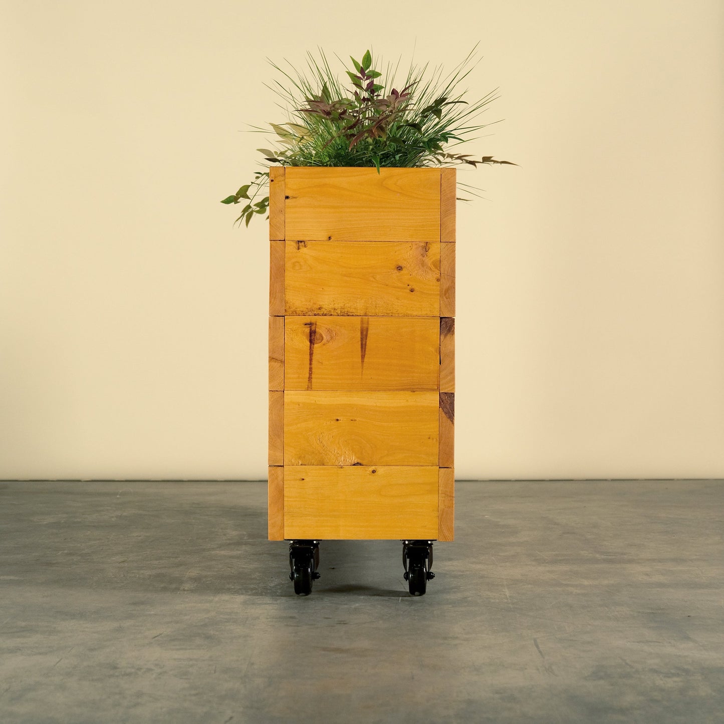 Side view of our herb senior timber veggie box on wheels. Tall and skinny enough to plant your herbs and plants but small enough for tight spaces, balconies, decks, terraces and rooftops. Its on wheels so you can roll it around all year and chase the sun. 